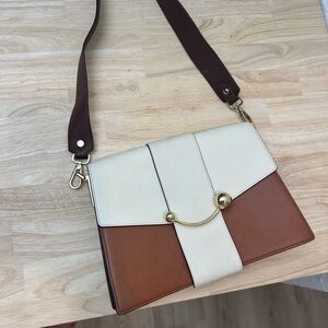 Strathberry Crescent Leather Designer Bag - Brown and Cream